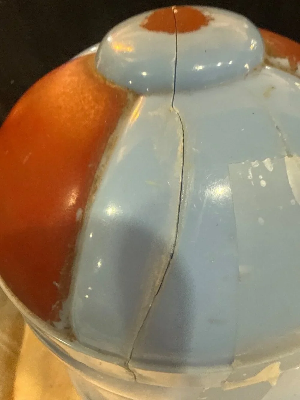 Vintage Blue & Red Celluloid porky pig cookie jar Bow Tie